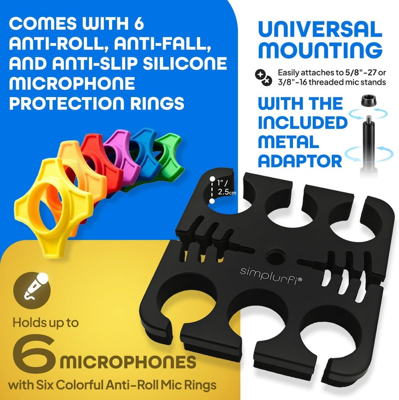 Simplurfi Multi Microphone Holder Cable Hanger & Organizer for Mic Stand - Square Tray Attachment holds up to 6 mics On Stage Organizer and Display - 6 Anti-roll Rings Included - Image 3